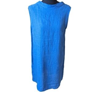 100% linen Royal Blue midi dress boho chic elegant beachy cut size S.